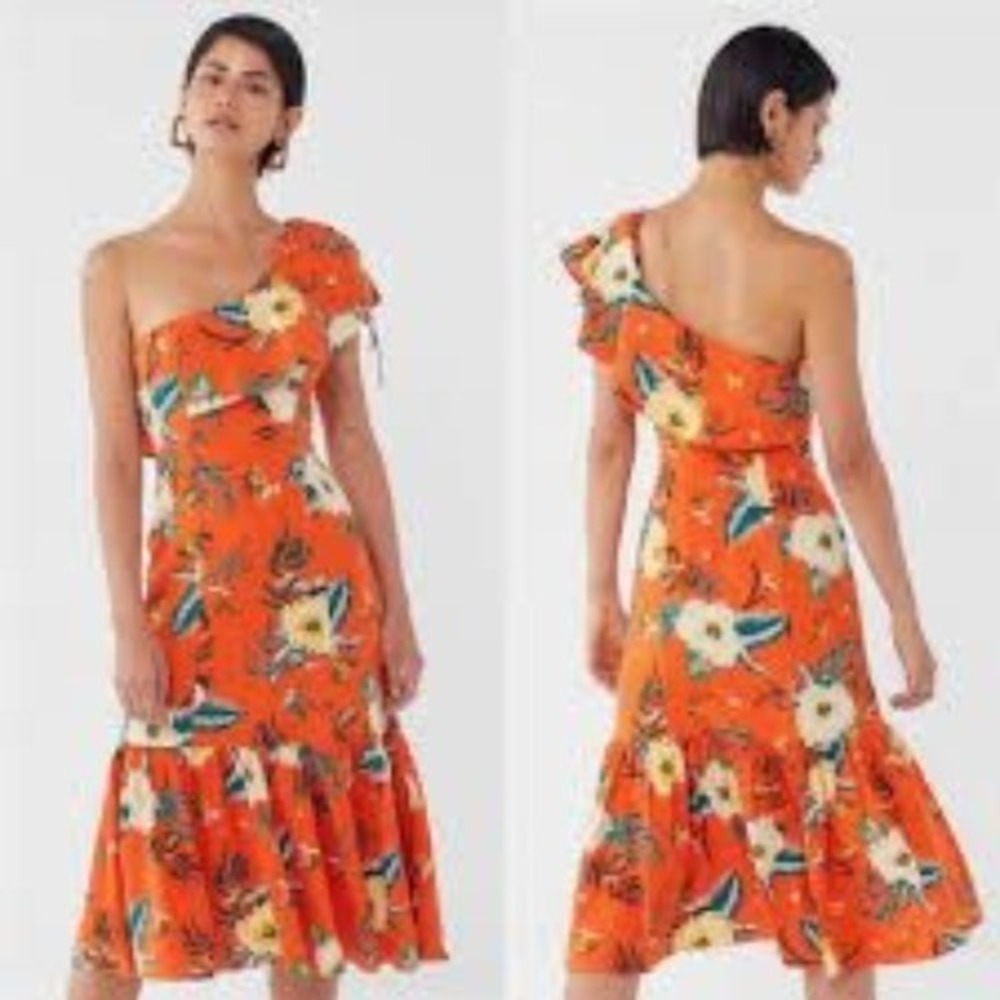 Urban Outfitters Dress Womens Small Carmen Linen One Shoulder Ruffle Midi Orange
